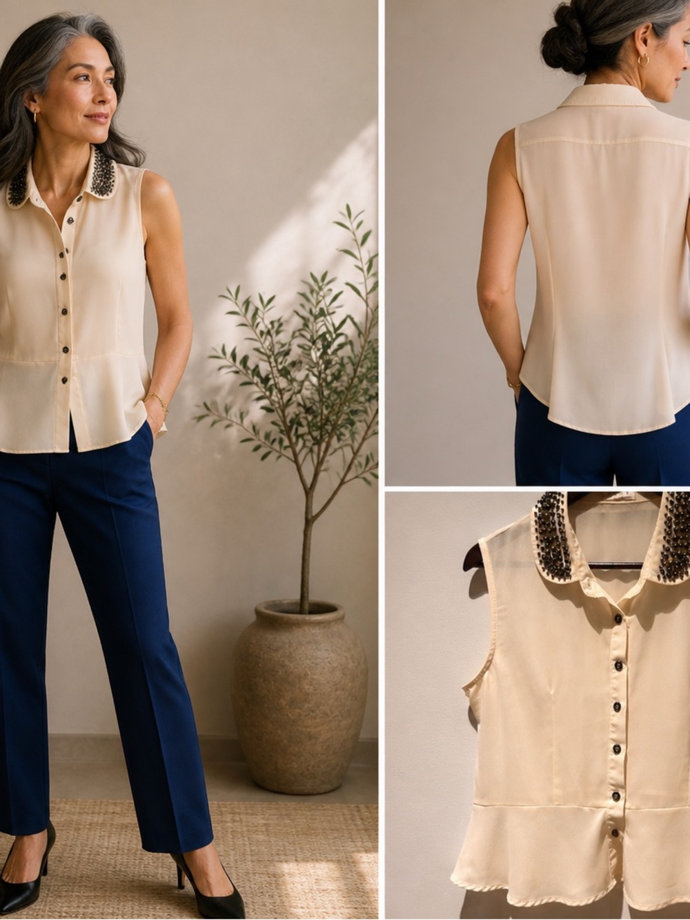 BLVD Cream Sleeveless Blouse with Embellished Collar